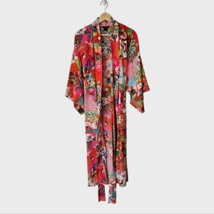 Vibrant Floral Pink & Red Satin Robe - Women's Kimono Style